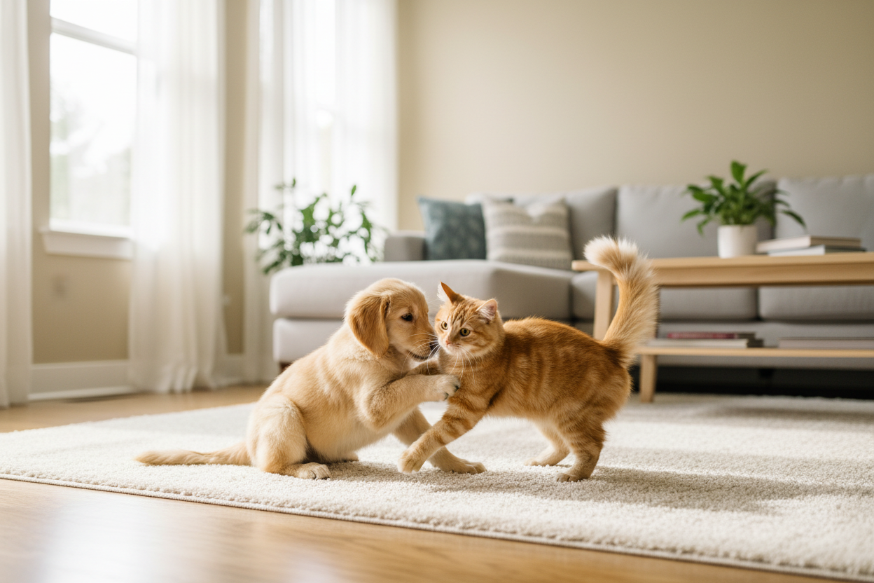 realistic picture of dog and cat being playful in a light and welcoming setting